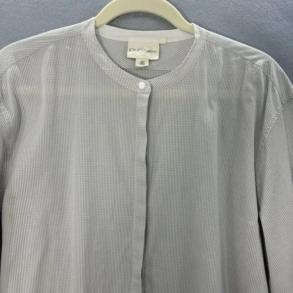 Pure DKNY Tunic Top Large Gray White Gingham Ruffle Hem Roll‎ Tab Sleeves Preppy - Picture 2 of 12